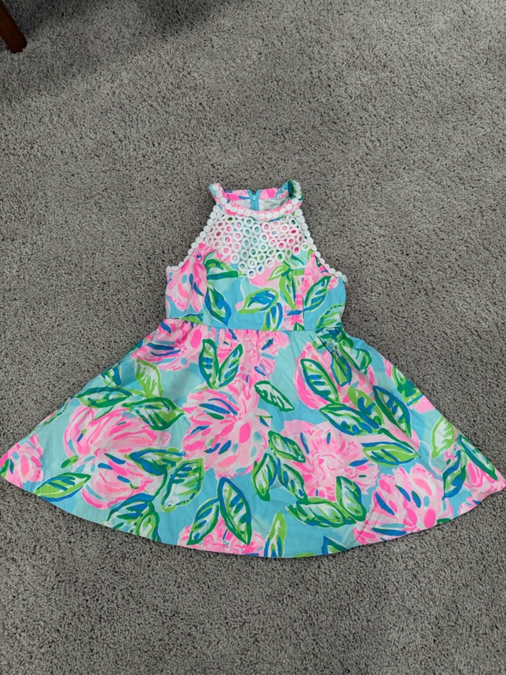 Lilly Pulitzer Aqua Dress with Pink Floral & Green Leaves